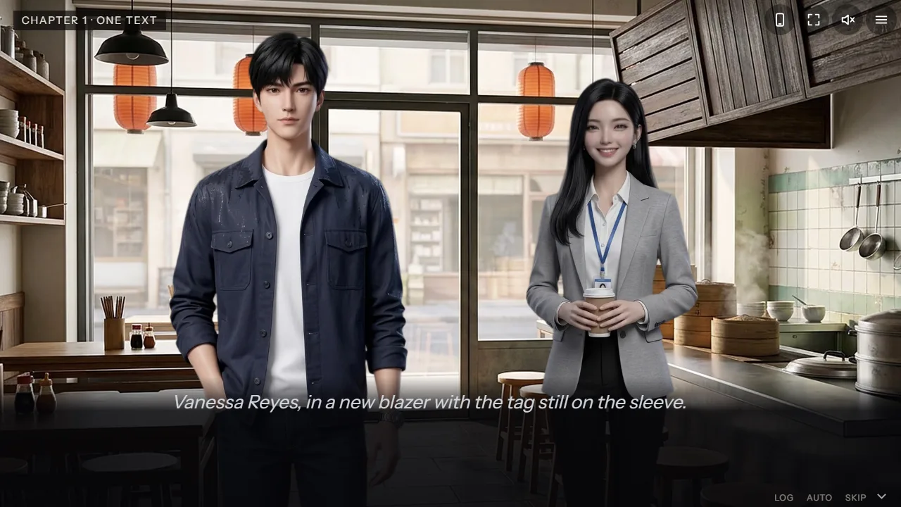 Daniel and Vanessa in the noodle stall. She wears a new blazer with the tag still on the sleeve and holds a coffee.