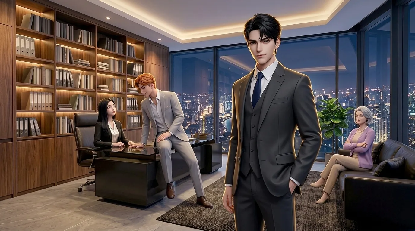 Daniel in a dark suit stands in the foreground of a glass office at night. Behind him, his wife sits at a desk while a red-haired man leans in close to her, and his mother-in-law watches from a sofa.