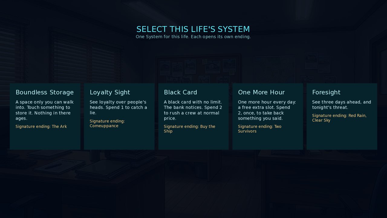 In-game: a screen titled 'Select this life's system' with five power cards.