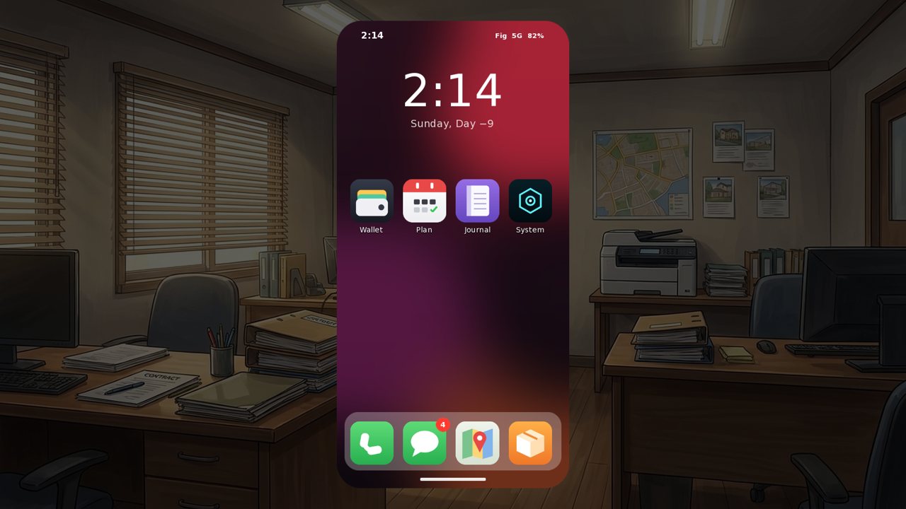 In-game: an in-world phone home screen with Wallet, Plan, Journal and System apps.