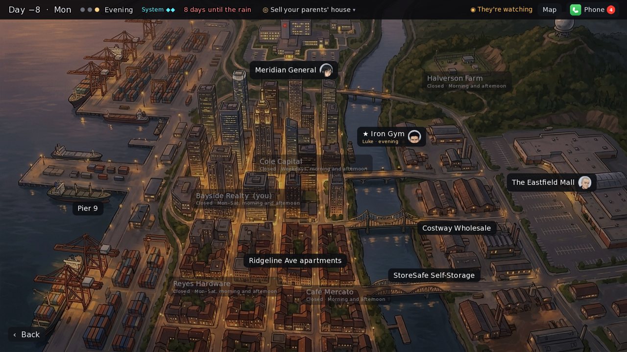 In-game: an illustrated city map at dusk with locations, opening hours and character portraits.