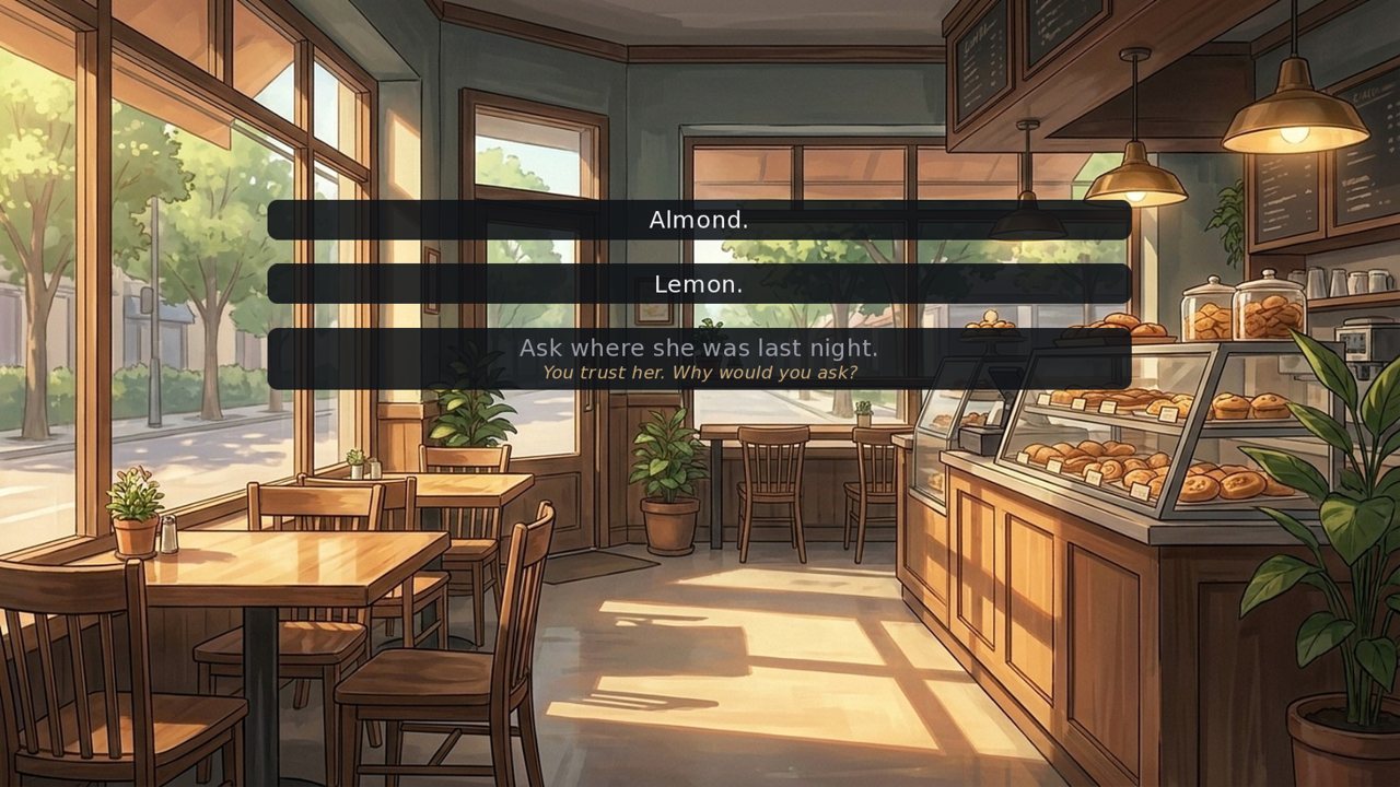 In-game: three dialogue choices over a sunlit cafe. The third is greyed out with the line 'You trust her. Why would you ask?'