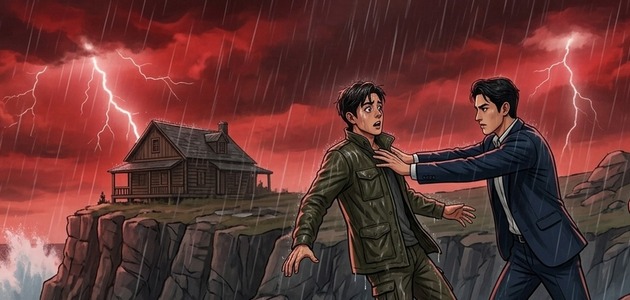Key art: a man at the edge of a storm-lit cliff, shoved by a figure in a dark suit.
